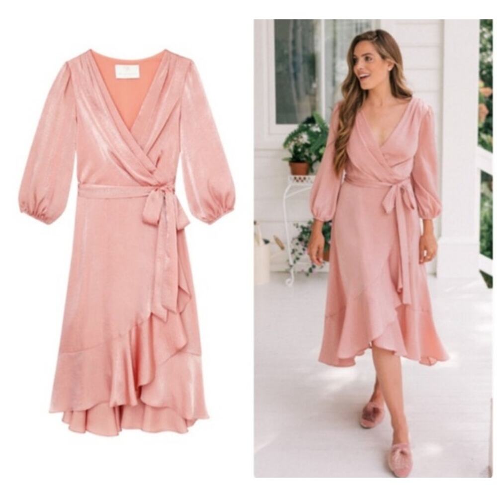 Gal Meets Glam Jennifer Dress Mauve Pink Romantic Wrap Midi Dress Size 12
